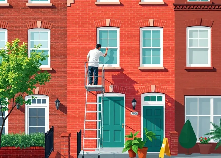 Peintre sur échafaudage traitant la façade d'une maison